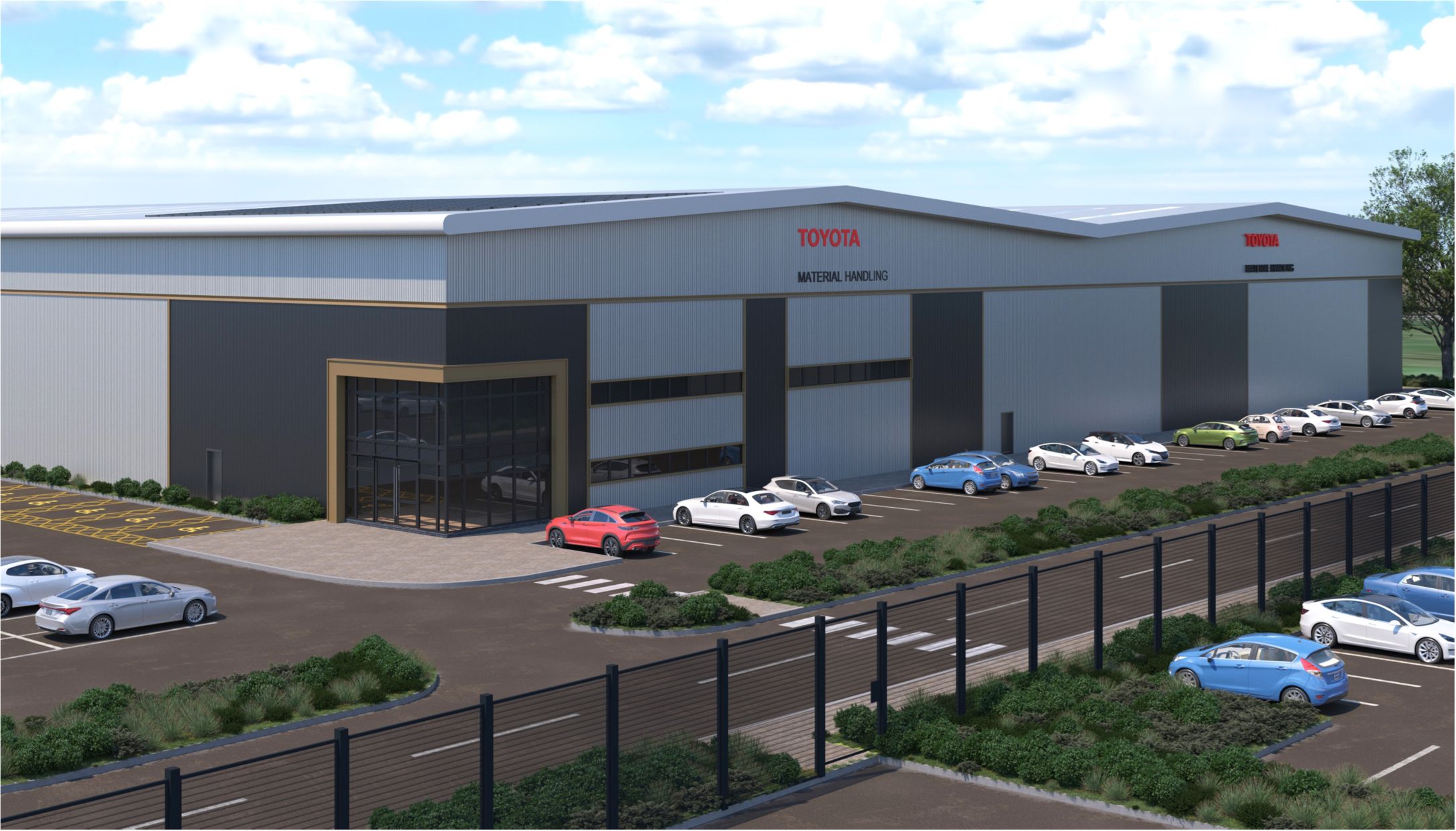 Artist impression of Toyota Material Handling warehouse and office building with parking spaces, landscaped grounds, and fenced perimeter.